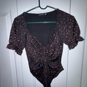 Nasty Gal Black and Purple Floral Bodysuit